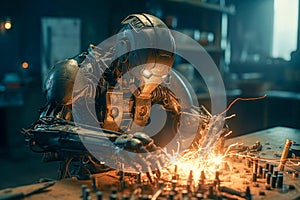 Robot welding with a lot of sparks and smoke, futuristic image from the future