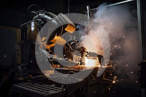 robot welding two metal plates, with sparks flying and smoke rising