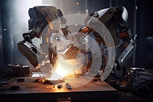 robot welding two metal plates, with sparks flying and smoke rising