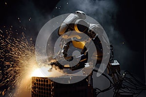 robot welding two metal plates, with sparks flying and smoke rising