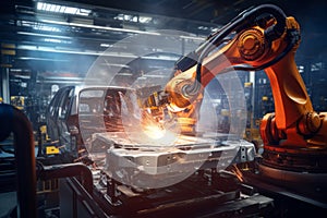 Robot welding is welding assembly automotive part in factory