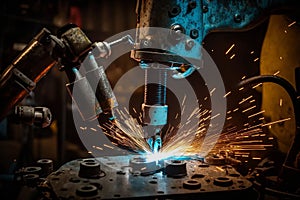 robot welds parts. A robot welder welds automotive assembly parts in a car factory AI Generation