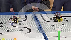 Robot on wheels constructed by programmers at a robotics competitions. Education of children