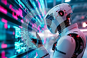 A robot pointing at a computer screen with a futuristic interface