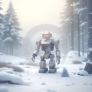 robot in winter forest