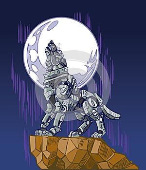 Robot Wolf Howling at Moon Vector Illustration