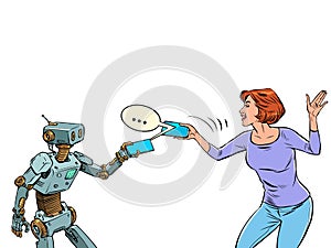 robot and woman communicate in a messenger on the phone