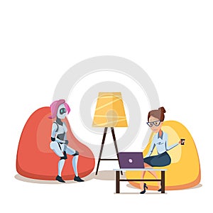 Robot and Woman with Laptop in Bean Bag Chair