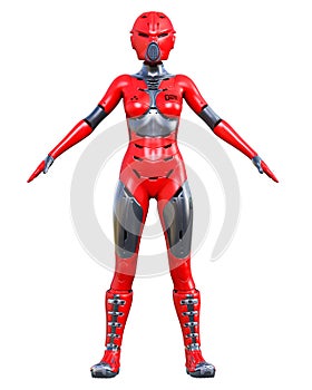 Robot woman. Red matte metal droid. Artificial Intelligence