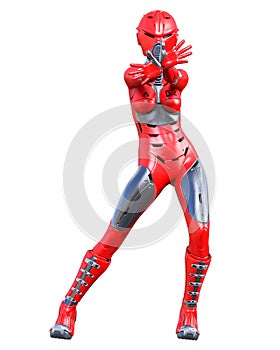 Robot woman. Red matte metal droid. Artificial Intelligence