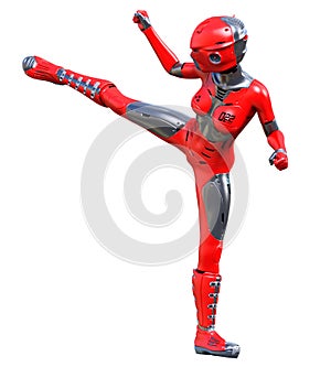 Robot woman. Red matte metal droid. Artificial Intelligence