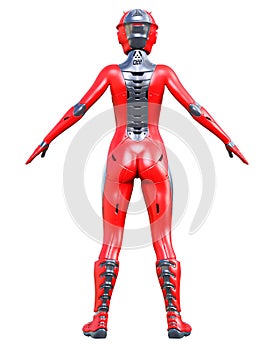 Robot woman. Red matte metal droid. Artificial Intelligence