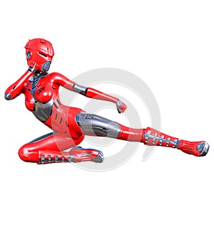 Robot woman. Red matte metal droid. Artificial Intelligence