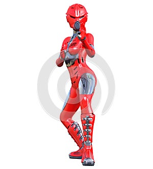 Robot woman. Red matte metal droid. Artificial Intelligence