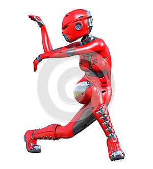 Robot woman. Red matte metal droid. Artificial Intelligence