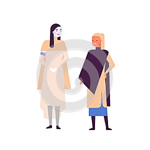 Robot and woman standing together flat vector illustration. AI futuristic technologies in daily human life. Young woman