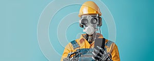 Robot worker dressed in hi-vis on blue background