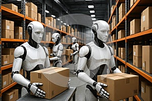 Robot worker processing a package in modern automated warehouse. AI technology in logistics and distribution for efficiency