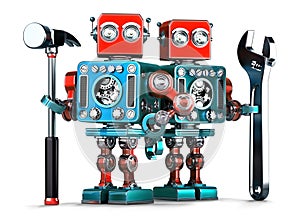 Robot workers with tools. Isolated. Contains clipping path