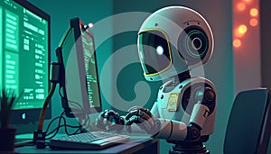 Robot Working on Computer with Code