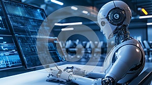 Robot working on computer screen with complex data in futuristic lab