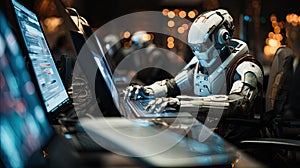 Robot working on a computer in a dark space. Programmer AI robot computer hacking, internet digital technology data cyber security