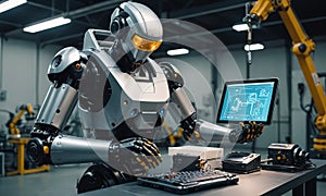 robot working on computer in factory