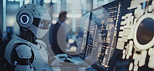 Robot working at computer, futuristic technology, digital interface, programming, artificial intelligence, modern
