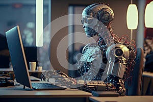Robot working on a computer in a modern office, Generative AI