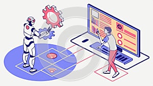 Robot working computer, tech support vector design Generative AI