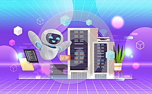 robot working in data center room hosting server computer monitoring information database artificial intelligence