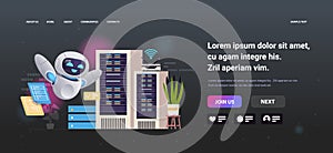 robot working in data center room hosting server computer monitoring information database artificial intelligence