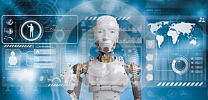 Robot working with digital display, Internet connection controlled by AI robot humanoid and machine learning process to analyze