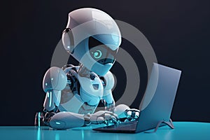 Robot working with laptop. 3D illustration