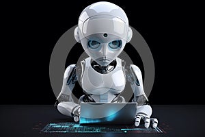 Robot working with laptop. 3D illustration