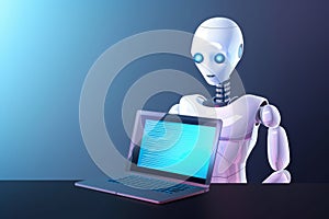 Robot working with laptop. Artificial intelligence concept. Generative AI