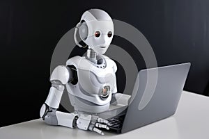 Robot working with a laptop on a black background. Artificial intelligence concept. AI Generative