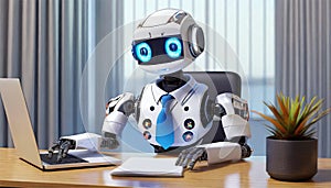 Robot working on laptop computer in office. AI Generated