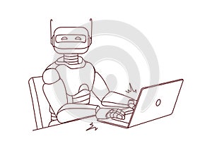 Robot working on laptop at desk
