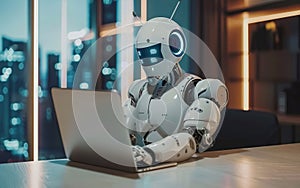 Robot working on laptop in minimalistic room. AI centered world concept. Automation, robotics, machine learning, artificial