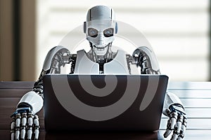 Office workflow automation. Robot working on laptop. Generative AI.