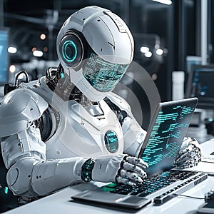 Robot working on a laptop