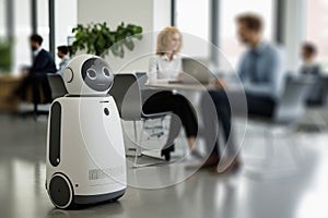 A robot working in a modern office with real people. Ai artificial intelligence technology at work. Generative ai