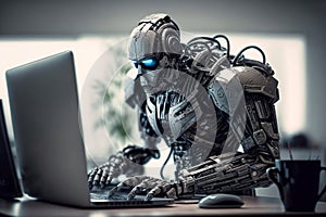 Robot working in the office at the computer. Big data center. Robot ChatGPT