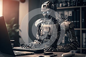 Robot working in the office at the computer. Big data center. Robot ChatGPT