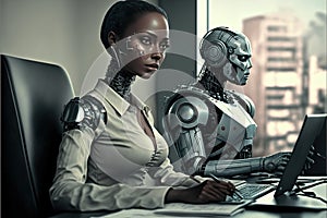 Robot is working together with Human Android in an Office for AI concept, Generative AI