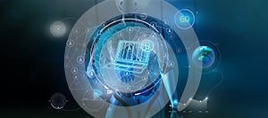 The computer analyzes an array of social media data. 3D render