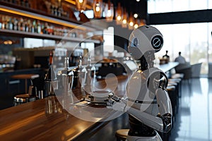 robot works as a waiter in the modern nice cafe, blurred background. Artificial intelect in future life photo