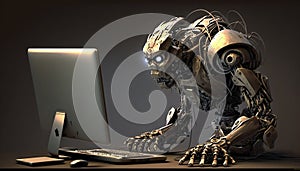 the robot works at the computer.Generative AI