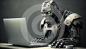 the robot works at the computer.Generative AI